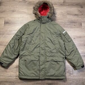 Vintage Nike Mens Sz M Green Winter Parka Jacket Faux Fur Hood Red Sherpa Lining
